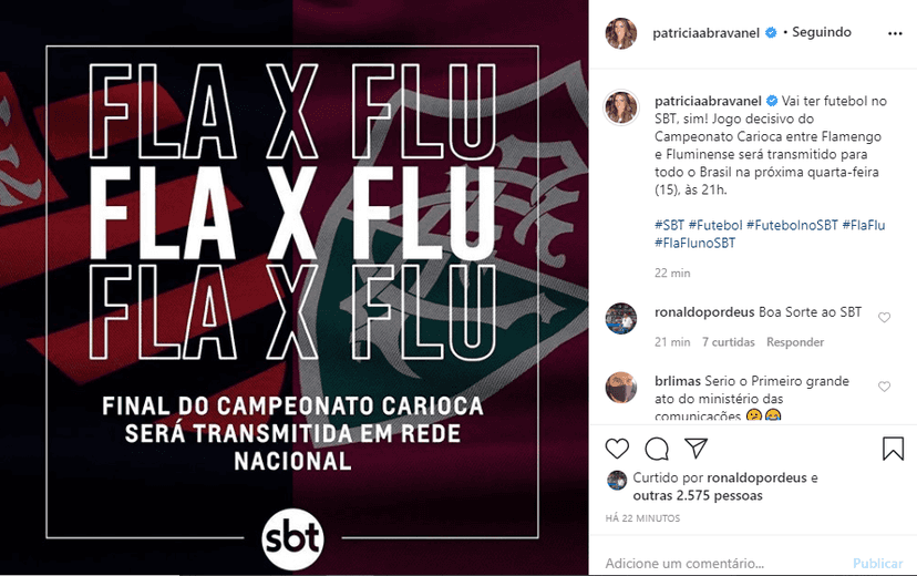 Patrícia Abravanel divulgou que o SBT vai transmitir a partida (Foto: Reprodução) Patrícia Abravanel divulgou que o SBT vai transmitir a partida (Foto: Reprodução)
