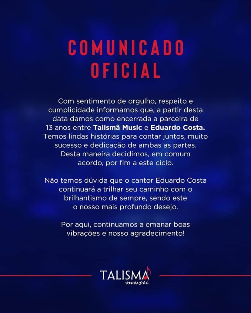 Comunicado da Talismã Music, de Leonardo (Foto: Reprodução/Instagram) Comunicado da Talismã Music, de Leonardo (Foto: Reprodução/Instagram)