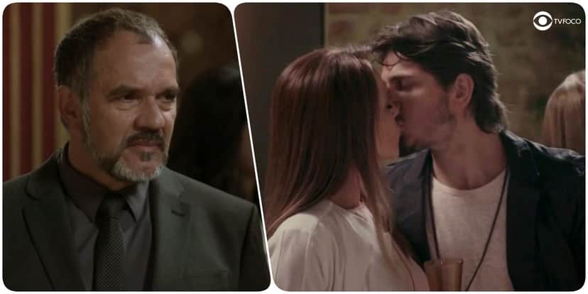 Foto montagem que Germano, homem de barba grisalha, usa terno e gravata escuros, observa Rafael e Lili se beijaram em Totalmente Demais Foto montagem que Germano, homem de barba grisalha, usa terno e gravata escuros, observa Rafael e Lili se beijaram em Totalmente Demais