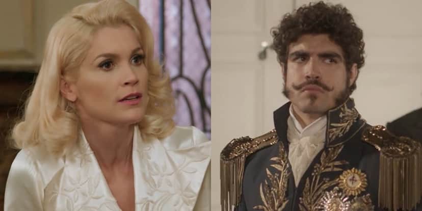 Flávia Alessandra (Sandra) em Eta Mundo Bom e Caio Castro (Dom Pedro I) em Novo Mundo; reprise vespertina superou audiência da novela reexibida no horário nobre (Foto: Reprodução/Globo) Flávia Alessandra (Sandra) em Eta Mundo Bom e Caio Castro (Dom Pedro I) em Novo Mundo; reprise vespertina superou audiência da novela reexibida no horário nobre (Foto: Reprodução/Globo)