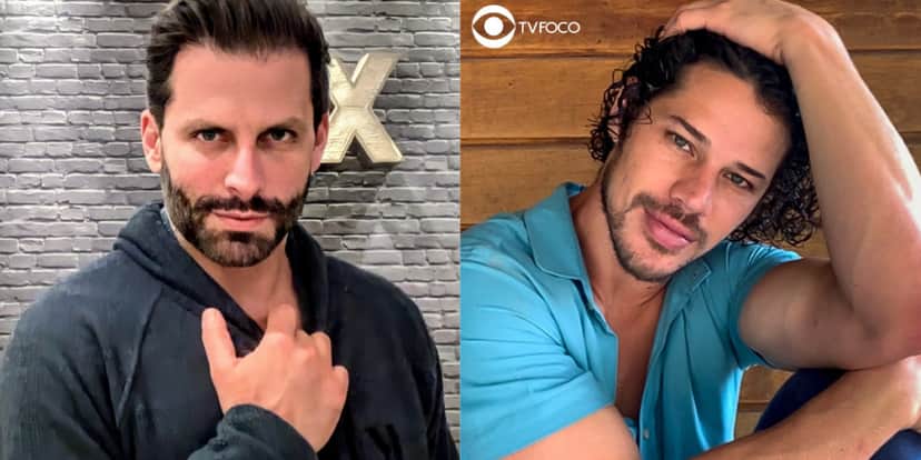 Foto montagem dos atores Henri Castelli veste presto e tem a mão sobre o peito a esquerda e de José Loreto com camisa polo azul clara com o rosto apoiado em sua perna a direta enquanto está sentado Foto montagem dos atores Henri Castelli veste presto e tem a mão sobre o peito a esquerda e de José Loreto com camisa polo azul clara com o rosto apoiado em sua perna a direta enquanto está sentado