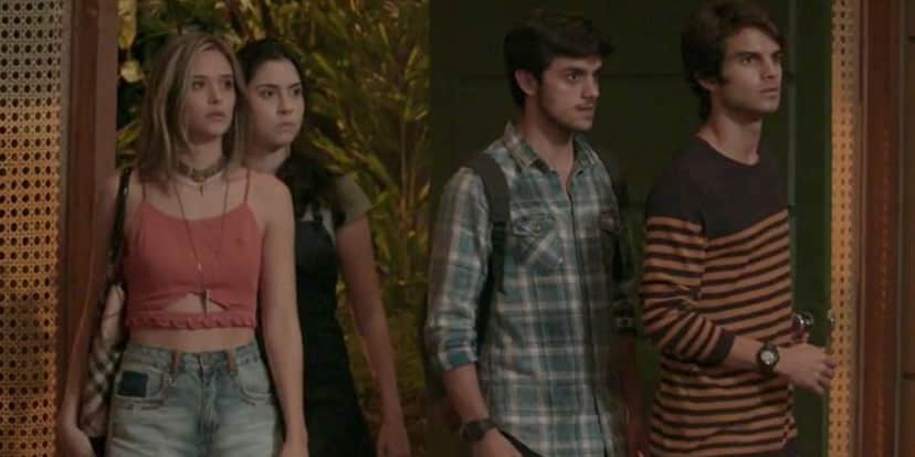 Cassandra (Juliana Paiva), Débora (Olívia Torres), Jonatas (Felipe Simas) e Fabinho (Daniel Blanco) desmascaram a vilã (Foto: Reprodução/Globo) Cassandra (Juliana Paiva), Débora (Olívia Torres), Jonatas (Felipe Simas) e Fabinho (Daniel Blanco) desmascaram a vilã (Foto: Reprodução/Globo)