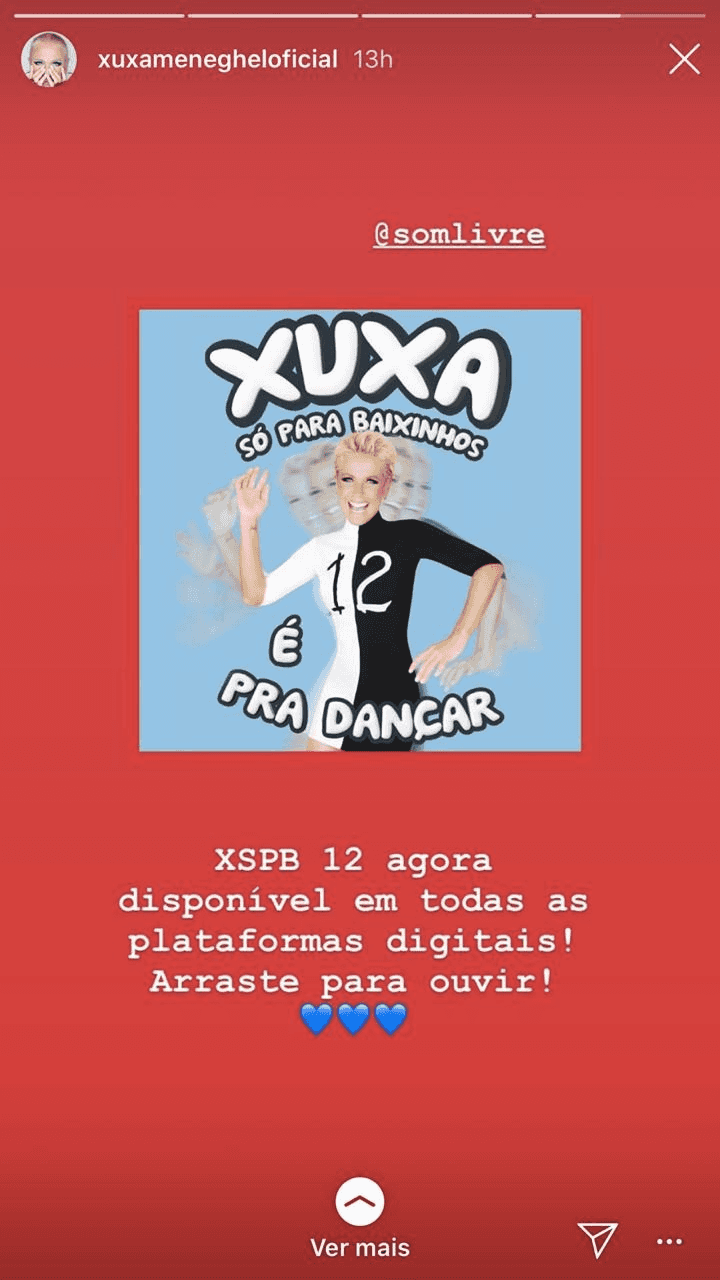 Xuxa comemorou que mais um de seus álbum agora está disponível nas plataformas digitais (Foto: reprodução/Instagram) Xuxa comemorou que mais um de seus álbum agora está disponível nas plataformas digitais (Foto: reprodução/Instagram)