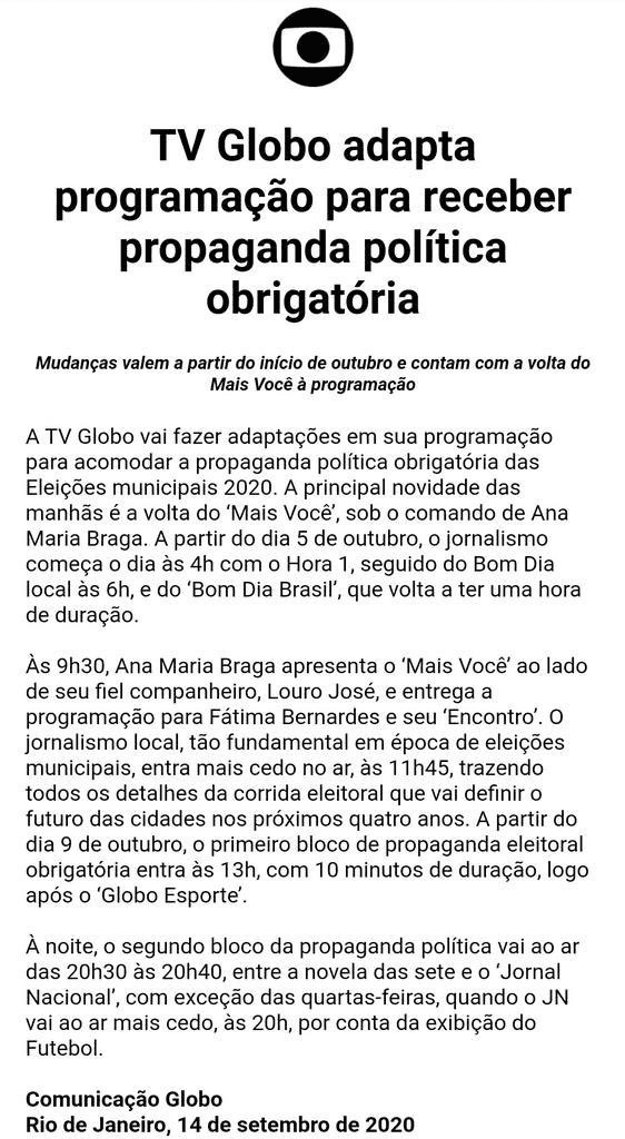 Comunicado da Globo sobre a volta de Ana Maria Braga (Foto: reprodução) Comunicado da Globo sobre a volta de Ana Maria Braga (Foto: reprodução)
