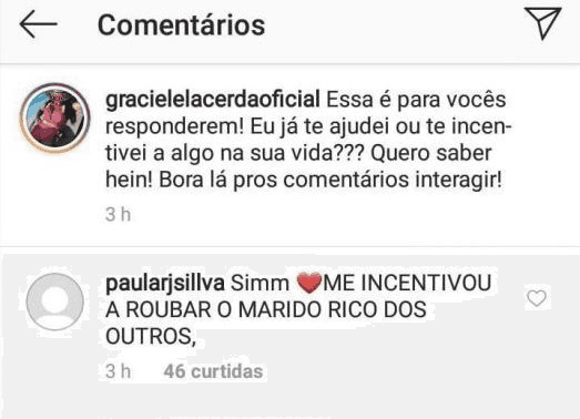 Graciele Lacerda recebeu uma resposta inusitada (Foto: reprodução) Graciele Lacerda recebeu uma resposta inusitada (Foto: reprodução)