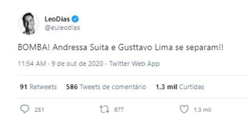Leo Dias anunciou separação de Gusttavo Lima e Andressa Suita (Foto: Reprodução/Twitter) Leo Dias anunciou separação de Gusttavo Lima e Andressa Suita (Foto: Reprodução/Twitter)
