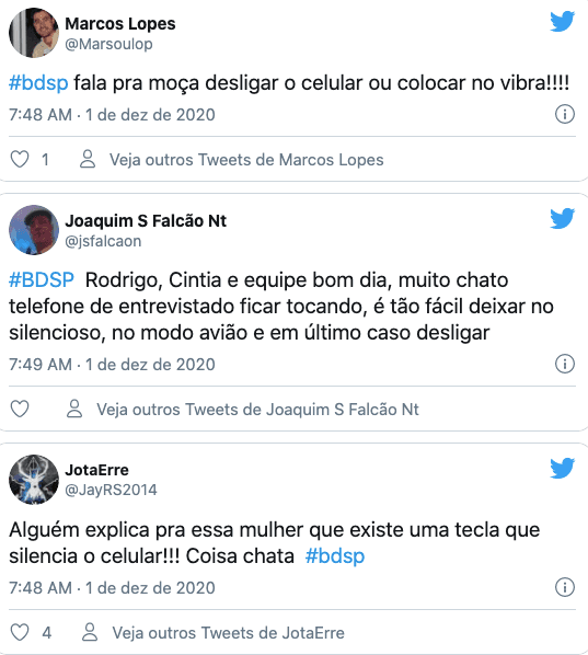 Internautas falam de celular tocando no "Bom Dia Sp" (Reprodução) Internautas falam de celular tocando no "Bom Dia Sp" (Reprodução)