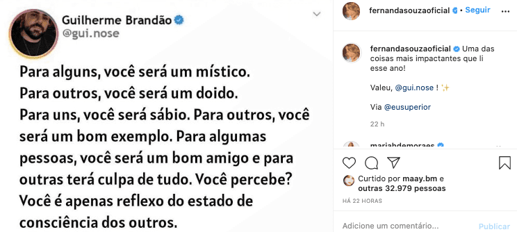 Fernanda Souza comentou sobre o reflexo de sua imagem nas redes sociais (Reprodução) Fernanda Souza comentou sobre o reflexo de sua imagem nas redes sociais (Reprodução)