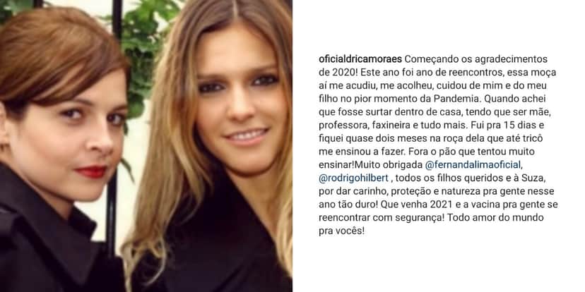 Drica Moraes faz agradecimentos para Fernanda Lima e Rodrigo Hilbert após passar 2 meses em sítio do casal - Foto: Reprodução/Instagram Drica Moraes faz agradecimentos para Fernanda Lima e Rodrigo Hilbert após passar 2 meses em sítio do casal - Foto: Reprodução/Instagram