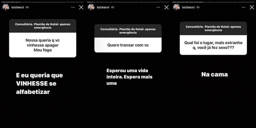 Luiz Bacci recebeu mensagens para lá de ousadas e deu respostas ainda mais afiadas em suas redes sociais (Foto: Reprodução/Instagram) Luiz Bacci recebeu mensagens para lá de ousadas e deu respostas ainda mais afiadas em suas redes sociais (Foto: Reprodução/Instagram)