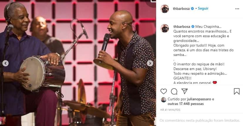 Thiaguinho faz homenagem para Ubirany que faleceu nesta sexta-feira, 11 (Reprodução) Thiaguinho faz homenagem para Ubirany que faleceu nesta sexta-feira, 11 (Reprodução)