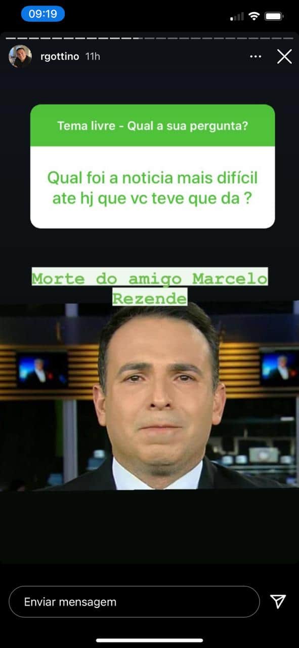 Reinaldo Gottino em luto por conta da morte do amigo, Marcelo Rezende (Reprodução) Reinaldo Gottino em luto por conta da morte do amigo, Marcelo Rezende (Reprodução)