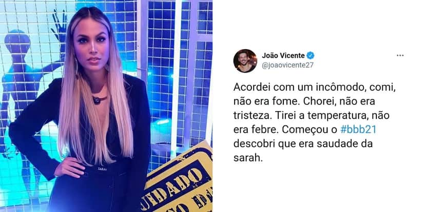 BBB21: Vicente de Castro revela crush em Sarah - Foto: Reprodução BBB21: Vicente de Castro revela crush em Sarah - Foto: Reprodução