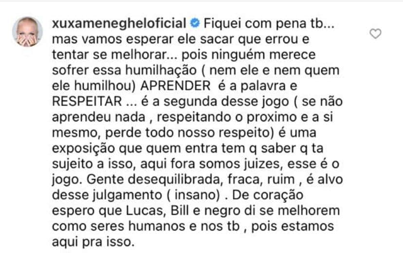Xuxa fala sobre humilhação de Nego Di em publicação de Junno Andrade (Foto: Reprodução / Instagram) Xuxa fala sobre humilhação de Nego Di em publicação de Junno Andrade (Foto: Reprodução / Instagram)