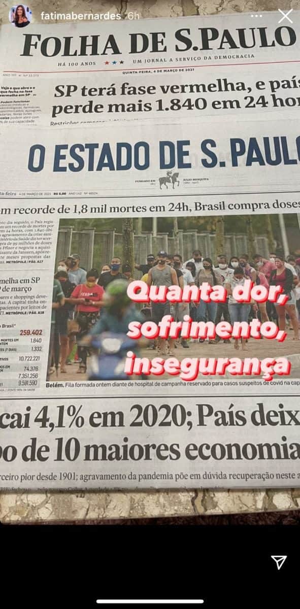 Fátima Bernardes lamentou a situação do país via Instagram (Foto: Reprodução) Fátima Bernardes lamentou a situação do país via Instagram (Foto: Reprodução)