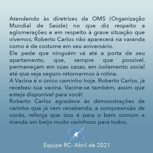 Roberto Carlos manda recado ao público (Reprodução) Roberto Carlos manda recado ao público (Reprodução)