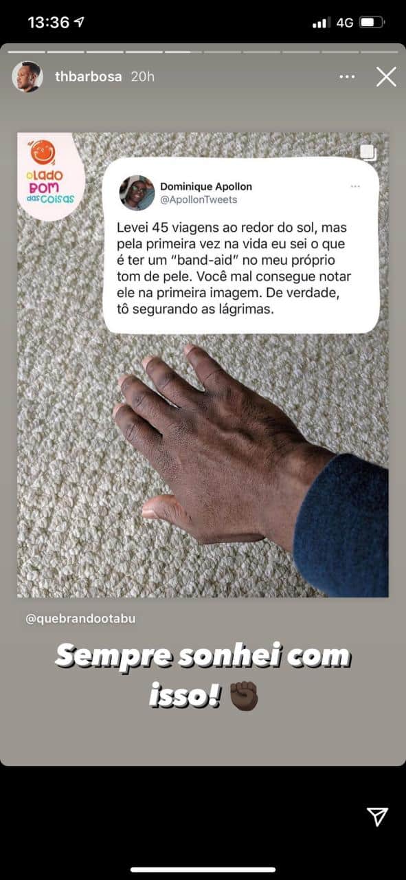 Thiaguinho celebra band-aid na cor de seu pele (Reprodução) Thiaguinho celebra band-aid na cor de seu pele (Reprodução)