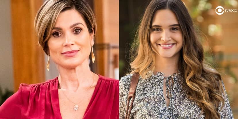Foto montagem da novela Salve-se Quem Puder de Helena com vestido vermelho e Luna com camisa com flores pequenas Foto montagem da novela Salve-se Quem Puder de Helena com vestido vermelho e Luna com camisa com flores pequenas