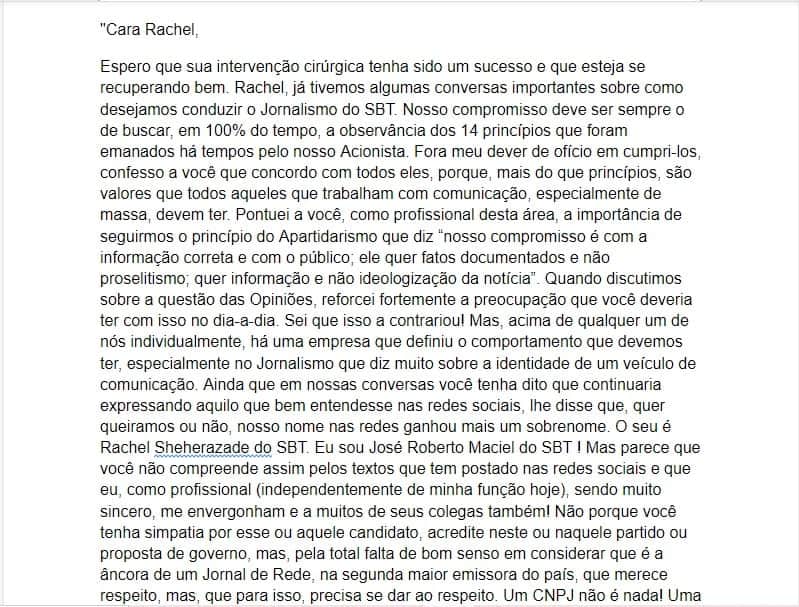 E-mail de José Roberto Maciel para Rachel Sheherazade (Foto: Montagem/TV Foco) E-mail de José Roberto Maciel para Rachel Sheherazade (Foto: Montagem/TV Foco)