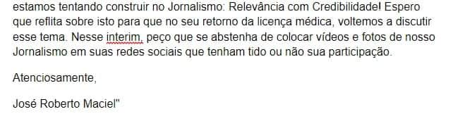 E-mail de José Roberto Maciel para Rachel Sheherazade (Foto: Montagem/TV Foco) E-mail de José Roberto Maciel para Rachel Sheherazade (Foto: Montagem/TV Foco)