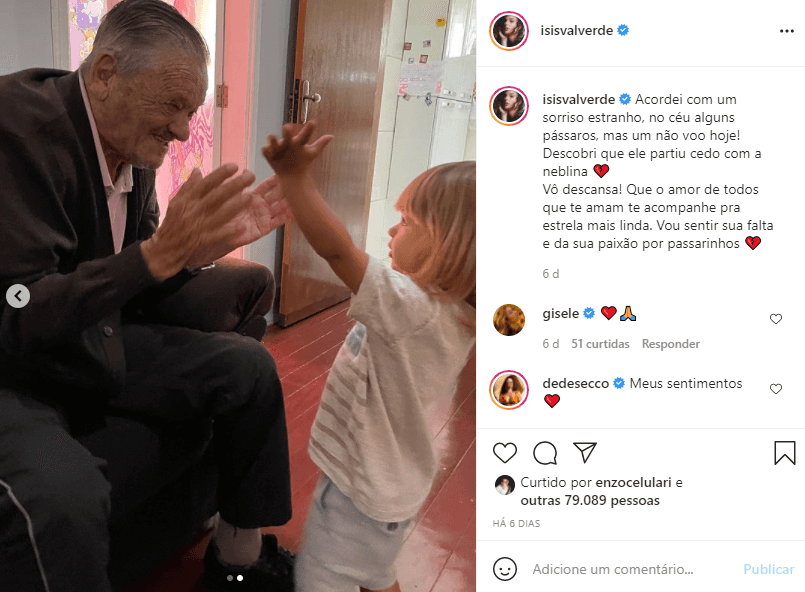 Isis Valverde lamentou com pesar a notícia da morte de seu avô (Foto: Reprodução/ Instagram) Isis Valverde lamentou com pesar a notícia da morte de seu avô (Foto: Reprodução/ Instagram)