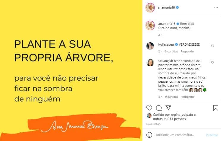 Ana Maria Braga compartilhou mensagem enigmática nas redes sociais (Foto: Reprodução/Instagram) Ana Maria Braga compartilhou mensagem enigmática nas redes sociais (Foto: Reprodução/Instagram)