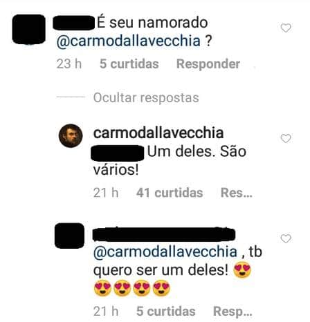 Carmo Dalla Vecchia abriu o jogo ao responder um comentário de um seguidor (Foto: Reprodução/ Instagram) Carmo Dalla Vecchia abriu o jogo ao responder um comentário de um seguidor (Foto: Reprodução/ Instagram)