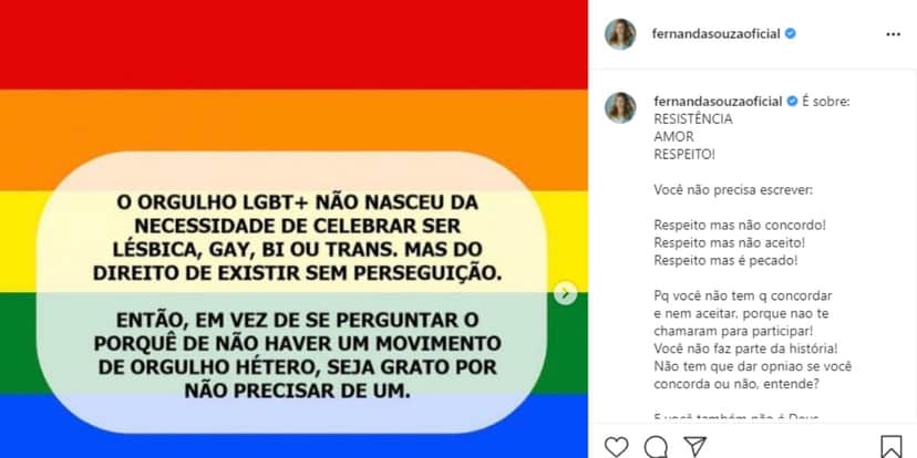 Atriz pede respeito para comunidade LGBTQIA+ (Foto: Reprodução) Atriz pede respeito para comunidade LGBTQIA+ (Foto: Reprodução)