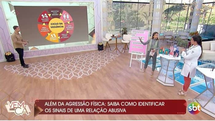 Patrícia Abravanel e Gabriel Cartolano levaram especialista em relacionamentos abusivos para o palco do "Vem Pra Cá" (Foto: Reprodução/SBT) Patrícia Abravanel e Gabriel Cartolano levaram especialista em relacionamentos abusivos para o palco do "Vem Pra Cá" (Foto: Reprodução/SBT)