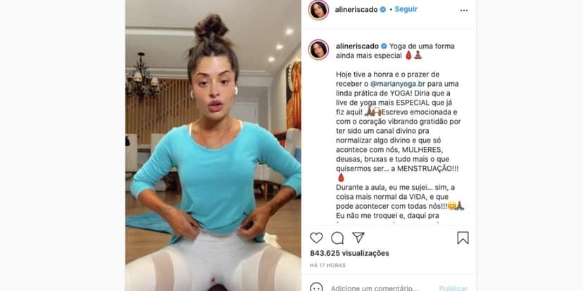 Menstruação de Aline Riscado começa durante live e artista da Globo se suja (Reprodução) Menstruação de Aline Riscado começa durante live e artista da Globo se suja (Reprodução)