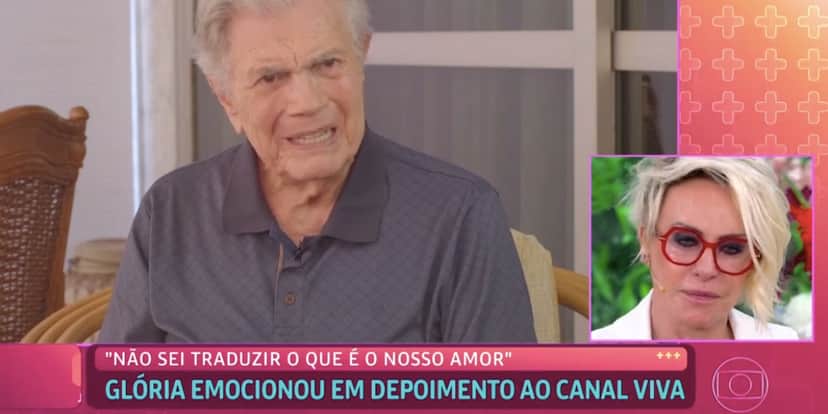 Ana Maria chora com entrevista de Tarcísio Meire e Glória Menezes (Reprodução) Ana Maria chora com entrevista de Tarcísio Meire e Glória Menezes (Reprodução)
