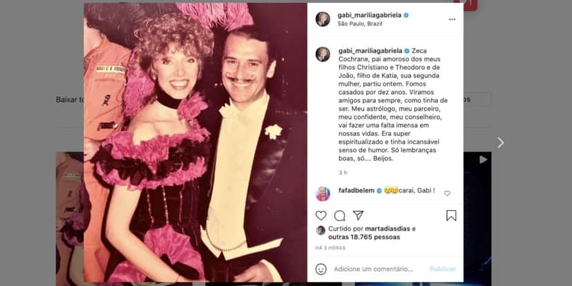 Marília Gabriela lamenta morte de ex-marido Zeca (Reprodução) Marília Gabriela lamenta morte de ex-marido Zeca (Reprodução)