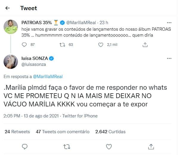 Marília Mendonça ignorou a mensagem de Luísa Sonza (Foto: Reprodução) Marília Mendonça ignorou a mensagem de Luísa Sonza (Foto: Reprodução)
