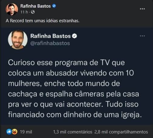 Publicação de Rafinha Bastos (Imagem: Reprodução) Publicação de Rafinha Bastos (Imagem: Reprodução)