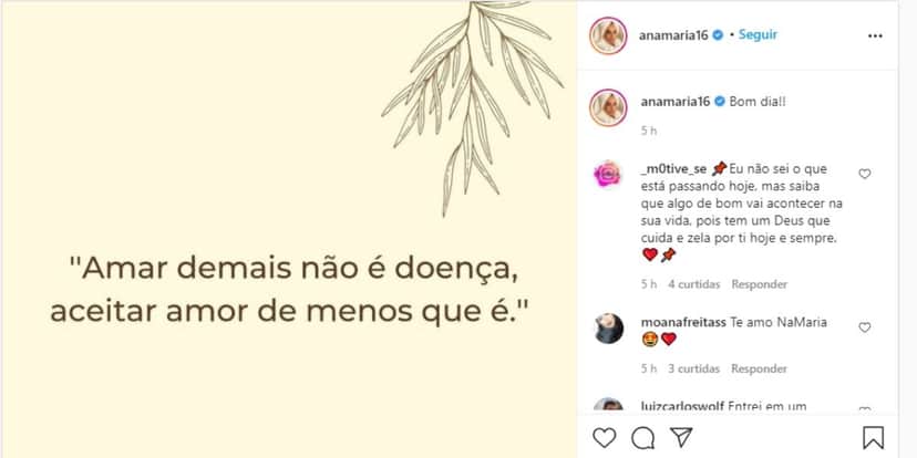 "Amar demais não é doença", detona Ana Maria, após separação, abandono e ver ex a ameaçar com diário "Amar demais não é doença", detona Ana Maria, após separação, abandono e ver ex a ameaçar com diário
