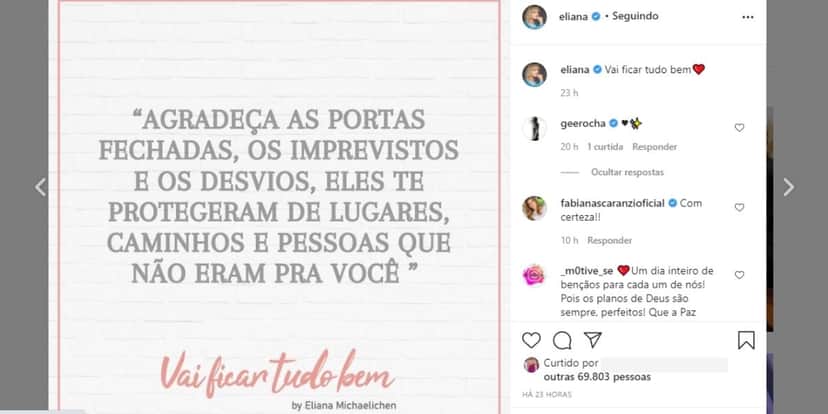 "Portas fechadas", Eliana expõe desfecho fora do SBT, detona textão em anúncio e confirma: "Vai ficar tudo bem" "Portas fechadas", Eliana expõe desfecho fora do SBT, detona textão em anúncio e confirma: "Vai ficar tudo bem"