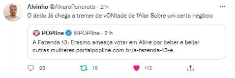 Erasmo Viana revoltou ao fazer insinuações sobre Aline Mineiro em "A Fazenda 13" (Foto: Reprodução/Twitter) Erasmo Viana revoltou ao fazer insinuações sobre Aline Mineiro em "A Fazenda 13" (Foto: Reprodução/Twitter)