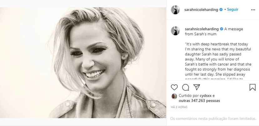 Cantora Sarah Harding teve a morte confirmada pela mãe (Foto: Reprodução) Cantora Sarah Harding teve a morte confirmada pela mãe (Foto: Reprodução)