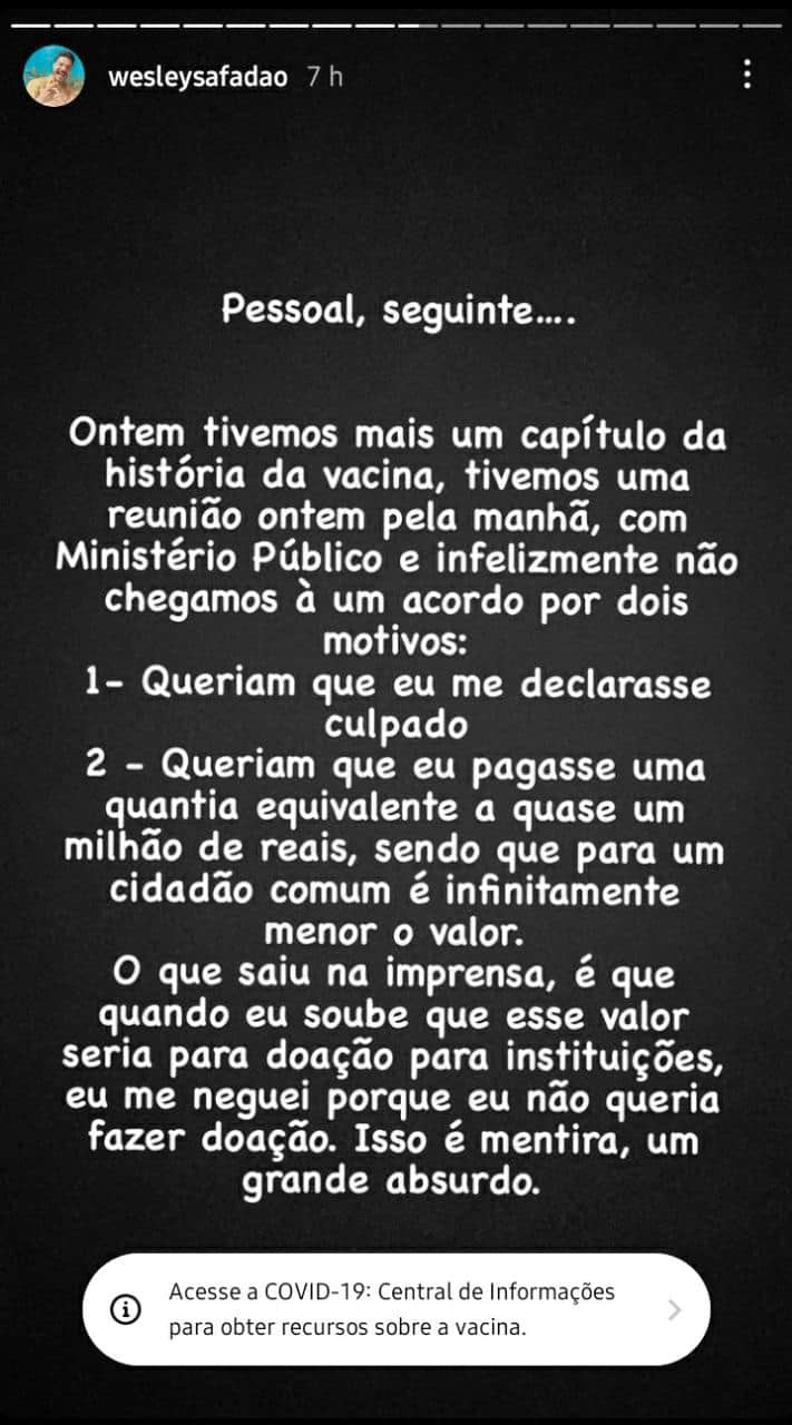 Stories de Wesley Safadão (Foto: Reprodução/ Instagram) Stories de Wesley Safadão (Foto: Reprodução/ Instagram)
