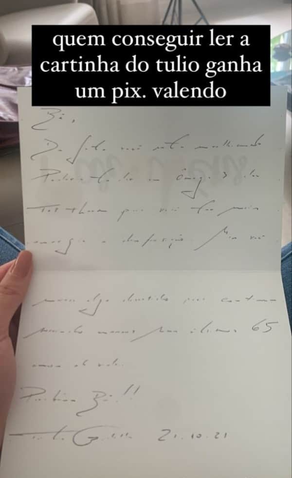 Carta de Túlio Gadêlha vazada por Beatriz Bonemer (Imagem: Reprodução) Carta de Túlio Gadêlha vazada por Beatriz Bonemer (Imagem: Reprodução)