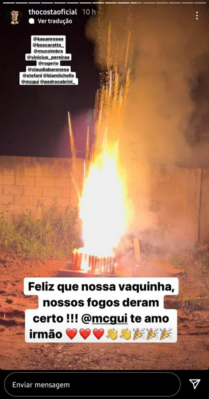 Thomaz Costa faz publicação agradecendo os fogos (Foto: Reprodução) Thomaz Costa faz publicação agradecendo os fogos (Foto: Reprodução)