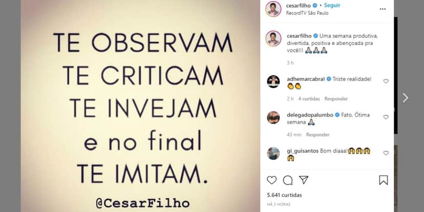 César Filho, após Zucatelli tomar seu lugar, volta ao Hoje em Dia e detona indireta em anúncio: "Te criticam" César Filho, após Zucatelli tomar seu lugar, volta ao Hoje em Dia e detona indireta em anúncio: "Te criticam"