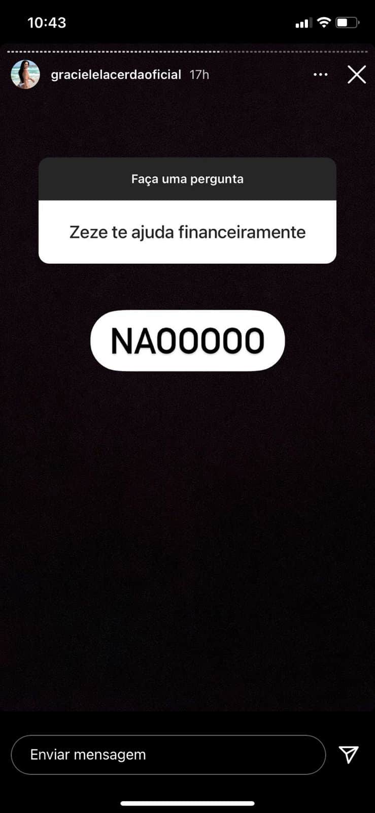 De acordo com Graciele Lacerda, Zezé não a ajuda financeiramente (Reprodução) De acordo com Graciele Lacerda, Zezé não a ajuda financeiramente (Reprodução)