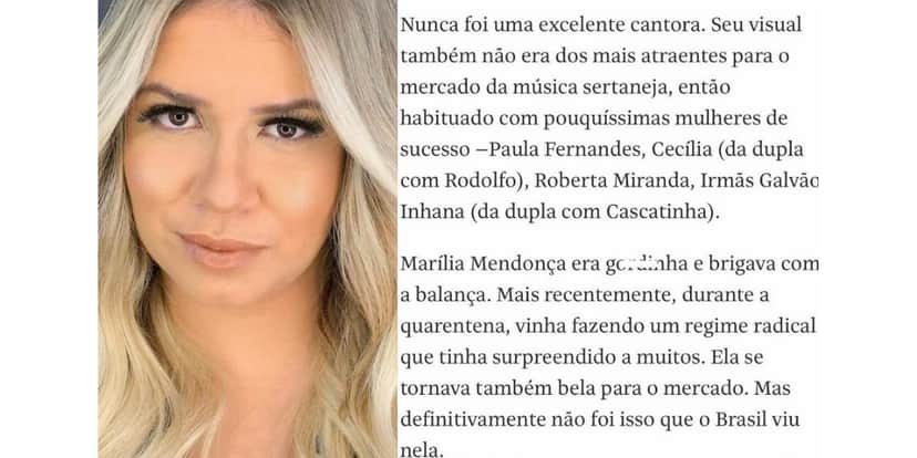 Trecho da nota publicada pela Folha de São Paulo sobre Marília Mendonça (Foto: Reprodução: Instagram/ Gossipdodia) Trecho da nota publicada pela Folha de São Paulo sobre Marília Mendonça (Foto: Reprodução: Instagram/ Gossipdodia)