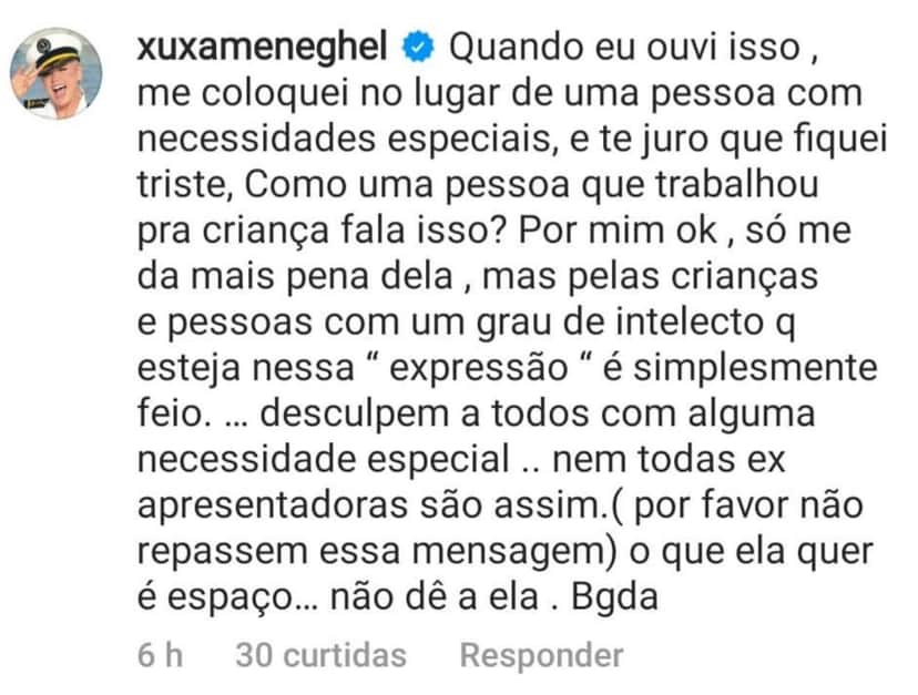Xuxa detonou críticas de Mara Maravilha (Foto: Reprodução/Instagram) Xuxa detonou críticas de Mara Maravilha (Foto: Reprodução/Instagram)