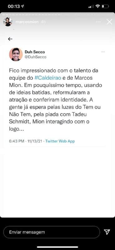 Marcos Mion recebeu elogios e fez questão de compartilhar Marcos Mion recebeu elogios e fez questão de compartilhar