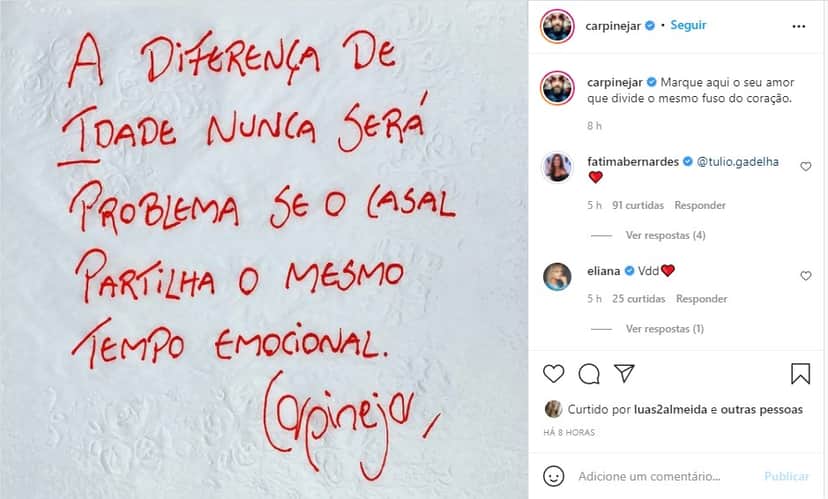 Fátima Bernardes compartilha texto sobre casais com diferença de idade - Foto: Reprodução Fátima Bernardes compartilha texto sobre casais com diferença de idade - Foto: Reprodução