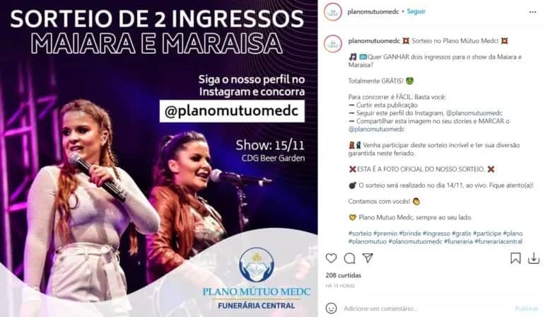 Publicação da funerário em relação ao sorteio (Imagem: Reprodução) Publicação da funerário em relação ao sorteio (Imagem: Reprodução)