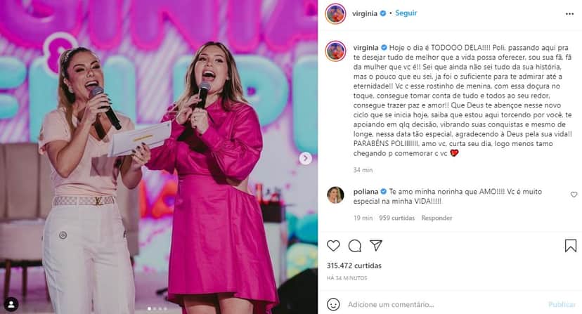 Virgínia, esposa de Zé Felipe, se declarou para Poliana Rocha (Foto: Reprodução) Virgínia, esposa de Zé Felipe, se declarou para Poliana Rocha (Foto: Reprodução)