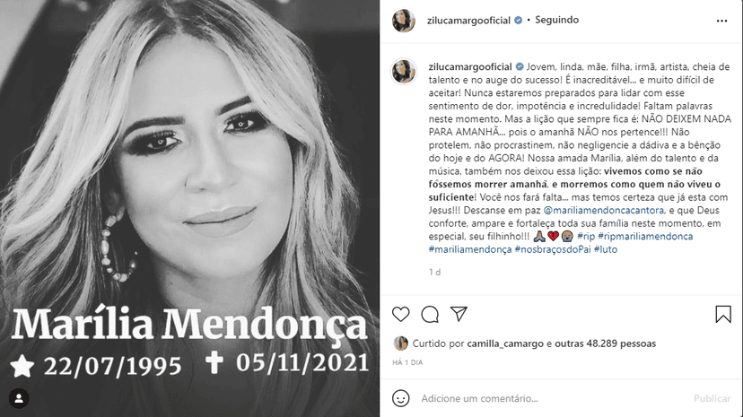 Zilu Camargo fez homenagem a Marília Mendonça (Foto: Reprodução) Zilu Camargo fez homenagem a Marília Mendonça (Foto: Reprodução)
